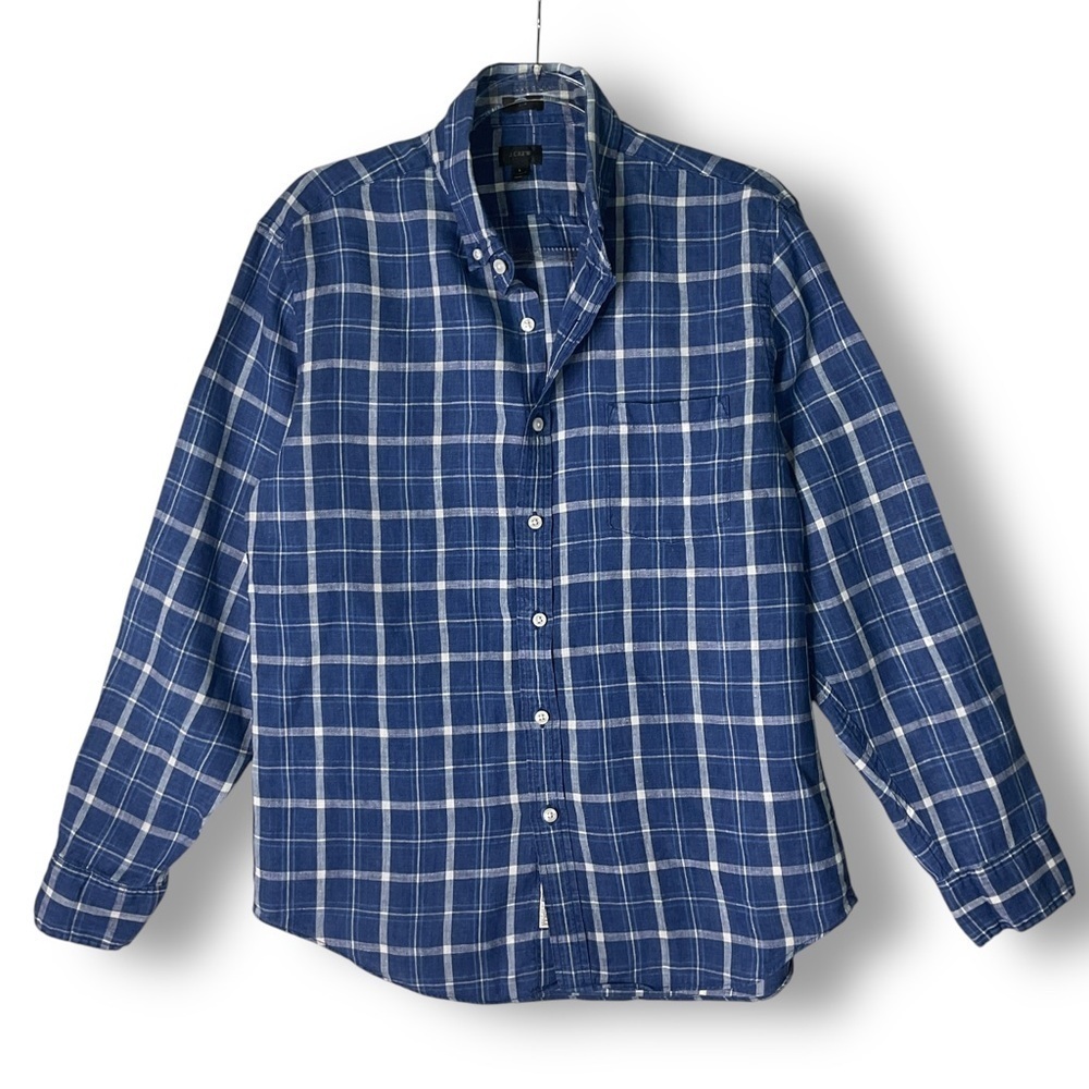 J Crew Mens Shirt Sz L Linen Button Up Plaid Blue Coastal Western Lightweight